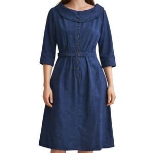 Vintage 1940s Women's Small Home Sewn Blue Wool Dress Belted